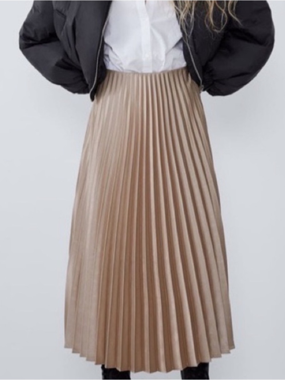 Zara Pleated Satin-Effect Midi Skirt in Taupe Beige